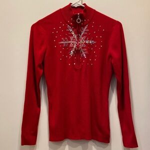 Boston Proper Holiday Christmas Red Snowflake Embellished Long Sleeve Top